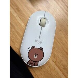 Logitech Pebble M350 Wireless Bluetooth Mouse Off White w/ Brown Bear